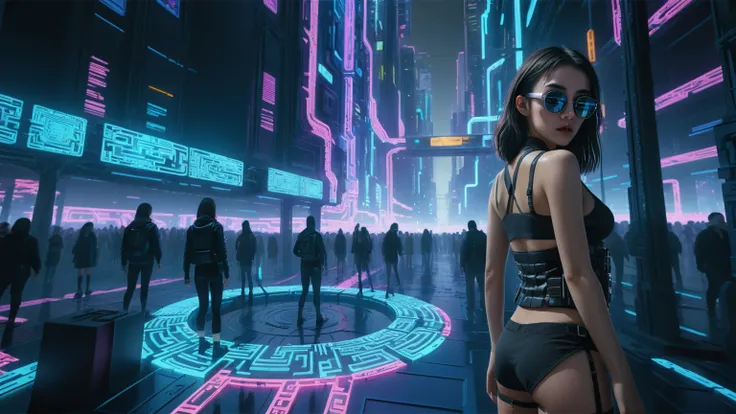 Cyberpunk female plagiarist immersed in digital theft, neon-lit alias within a vast online labyrinth, grotesque grunge brushing into surrealism, illuminated by kaleidoscopic volumetric light, a detailed masterpiece reminiscent of Moebius distinctive style,...