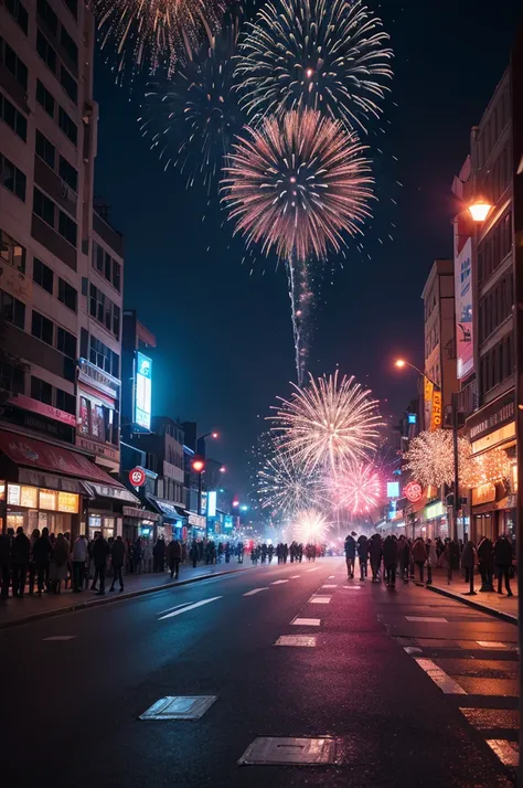 create a night street with fireworks on the ground and everything destroyed 