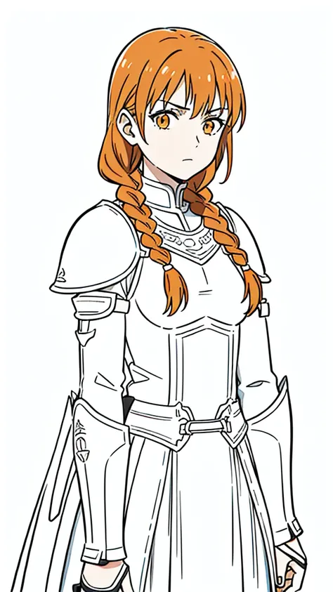 (1girl,20 years old,mature female,solo),tiger ears,long hair,(twin braids),orange hair,white knight armor,(white background,line drawing),upper body,serious, put your hands in side,upper body