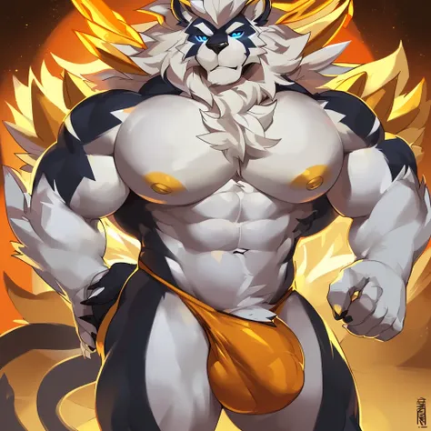 Solo, Anthro, male (((solgaleo, lion, blue sclera, muscular, big pecs, abs, yellow nipples, white fur, black body, black nose, multicolored body, multicolored fur, multicolored mane, white mane, mane, grey pecs, black chest, black abdomen, white arms, whit...