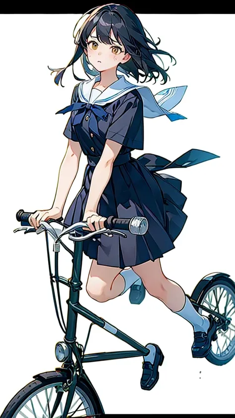 (masterpiece, highest quality:1.2), 1girl, riding a bicycle, 独奏, (A look of disgust),Black Hair