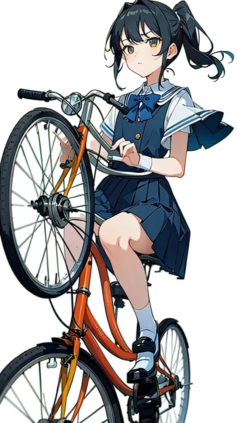 (masterpiece, highest quality:1.2), 1girl, riding a bicycle, 独奏, (A look of disgust),Black Hair