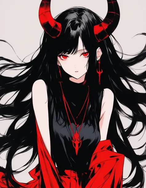 masterpiece, Score_9, Score_8_up, Score_7_up, front view, 1 woman, alone, black hair with red, long hair, parted bangs, dark red eyes, half-closed eyes, parted lips, expressionless, pale skin, large breasts, body suit, black bottom, best quality, horns up,...