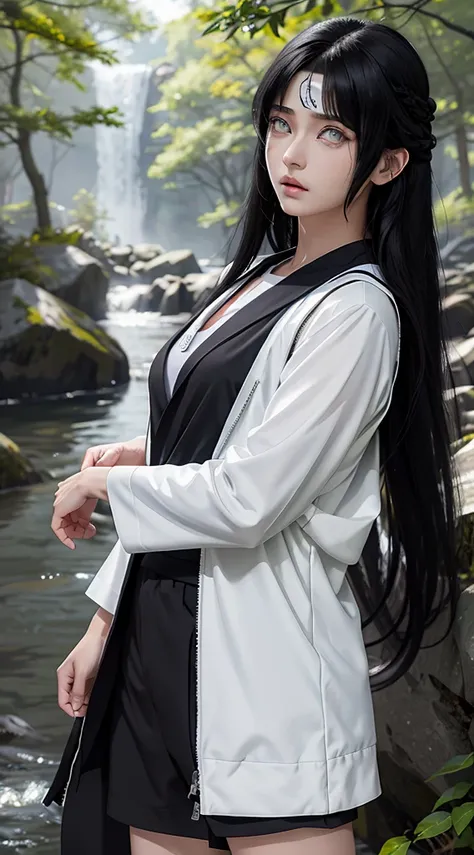 1 male, Neji Hyuga in Naruto Shippuden, Long Hair , Black Hair, White light eyes, good looking, White clothes, Realistic clothes, Clothing Details,Green vest、 Forest Background, Super detailed, Realistic,