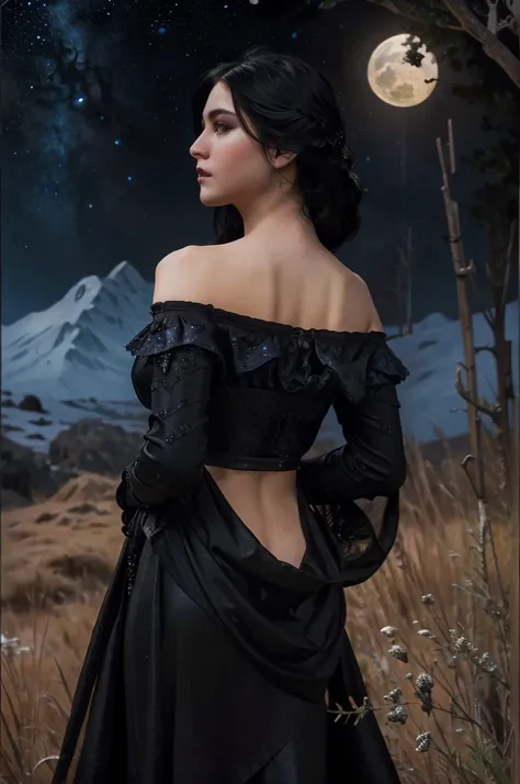 (Photorealistic),photograph,Best image quality, Ultra-high resolution, (realism: 1.5),One Witch,Landscape,Upper Body,Black Costume,Black Hair,alphonse mucha like,Moonlit Night,Starry Sky,Perfect human body,25-year-old woman,Gazing into the distance