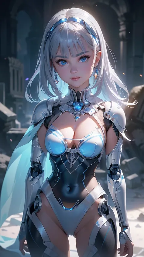 (La Best Quality,A high resolution,Ultra - detailed,actual),Selena Gomez ,(Ruined dungeon ruins background:1.4 ), (BodySuit cyborg white mechanical transparent :1.4), holding pen,(half body blue :1.4) ,Woman,26 years,smile, cute action,(grey  hair:1.4) ,wi...