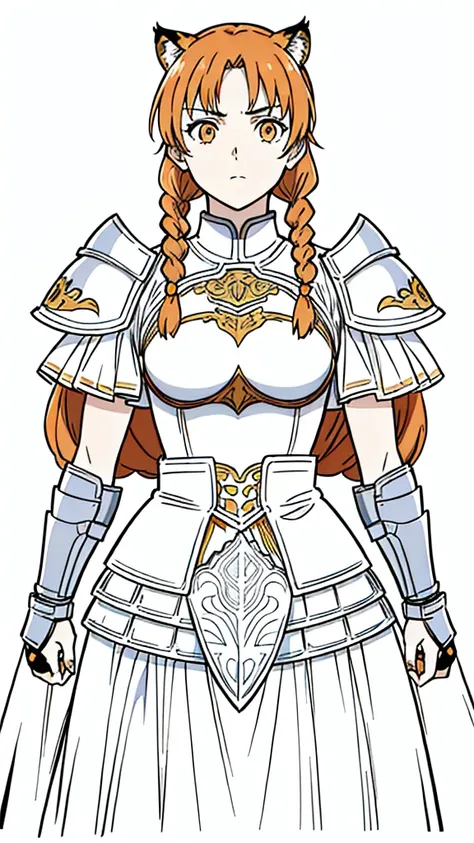 (1girl,20 years old,mature female,solo),tiger ears,long hair,(twin braids),orange hair,white knight armor,(white background,line drawing),upper body,serious,pov,upper body