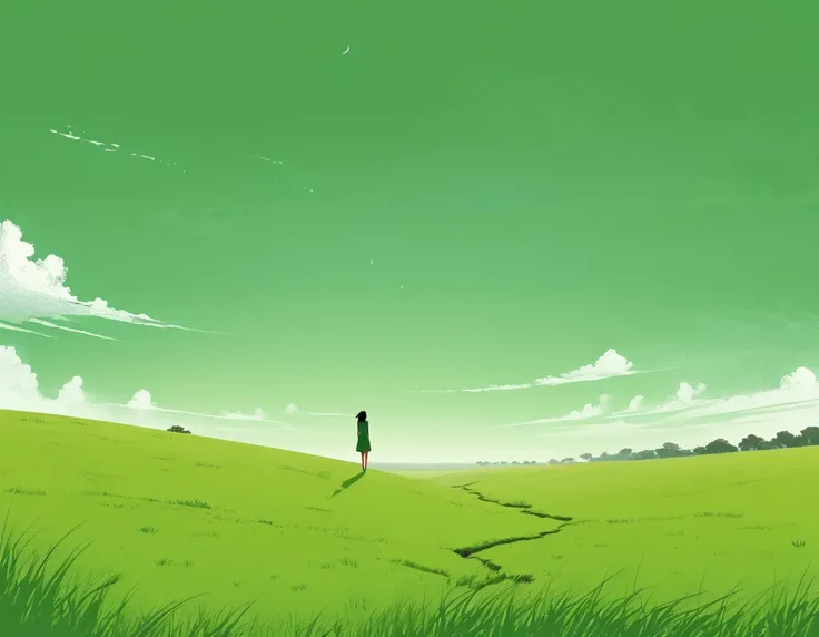 Minimalist Journey,solitary, green grassland,1 girl looking up at the sky, Minimalism, In the savannah, illustration.