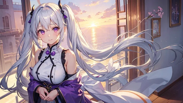 1_girl, solo, best quality, masterpiece, , ,short, huge breasts, white hair,low twintails, purple eyes, yukine chris, thin twintails,  (((shy))), (happy), wearing a white cheongsam, upper body portrait, morning sunrise on the balcony background