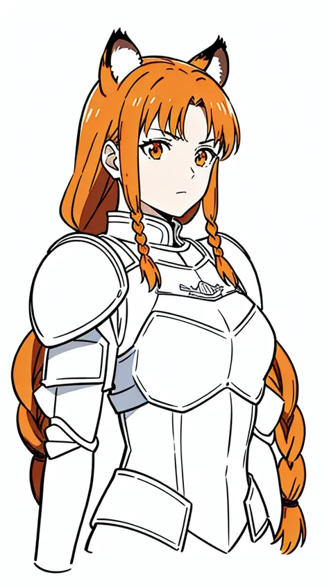 (1girl,20 years old,mature female,solo),tiger ears,long hair,(twin braids),orange hair,white knight armor,(white background,line drawing),upper body,serious,upper body