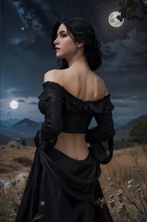 (photorealistic),photograph,best image quality, ultra-high resolution, (realism: 1.5),one witch,landscape,upper body,black costu...