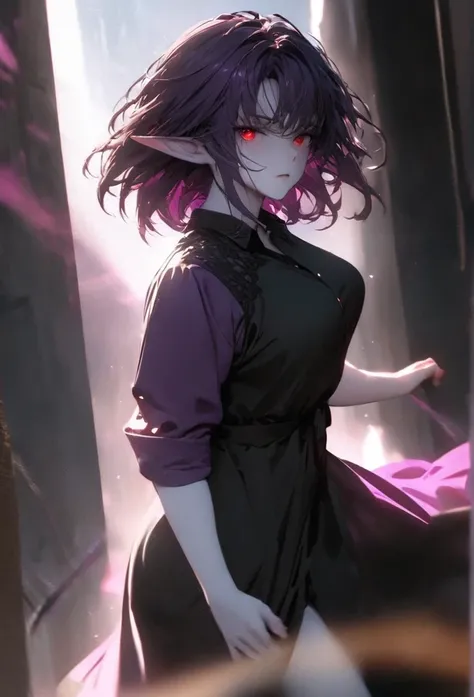 (solo), purple hair, messy hair, mane hair, short hair, short hair, dense hair, wild hair, expressive hair, mature,(25 year old), elf ears, pale skin, red eyes, ((femal)), wearing a black dress shirt, wearing a purple jacket,, rolled up sleeves, beautiful,...