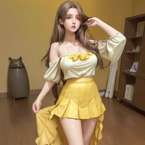 A girl with floor-length light brown hair and yellow eyes wearing a mini skirt as well as a top that almost exposes her large breasts. 