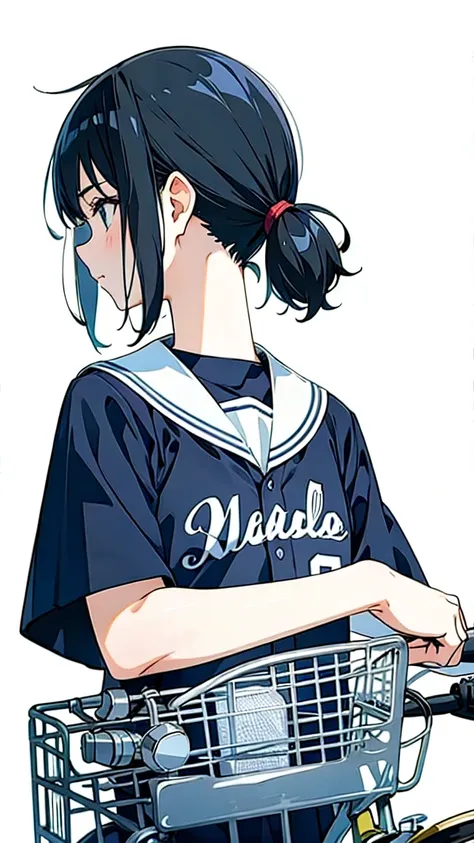 Simple Background、Baseball uniforms、Girl、bicycle、profile、Upper Body、Black Hair、Shortcuts、Subjective。