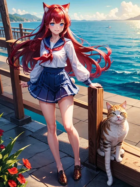 Highest quality,High resolution,１People Girl,whole body,fine,smile,looking at the camera,Semi-long hair,Crimson hair,Blue eyes,Sailor suit,beautiful girl,Cat ears on the head,Cat tail on waist,smile,be happy,Landscape,Run,