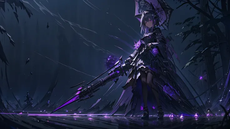 Anime girl in a purple dress holding a purple rose and a black and white umbrella, Shadowverse Style, Stylish Dark Witch, dark witch character, Gothic Maiden Anime Girl, Dark Sorceress Full View, Dark magician full body pose, Astral Witch Outfit, mechanize...