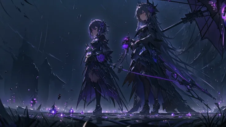 Anime girl in a purple dress holding a purple rose and a black and white umbrella, Shadowverse Style, Stylish Dark Witch, dark witch character, Gothic Maiden Anime Girl, Dark Sorceress Full View, Dark magician full body pose, Astral Witch Outfit, mechanize...