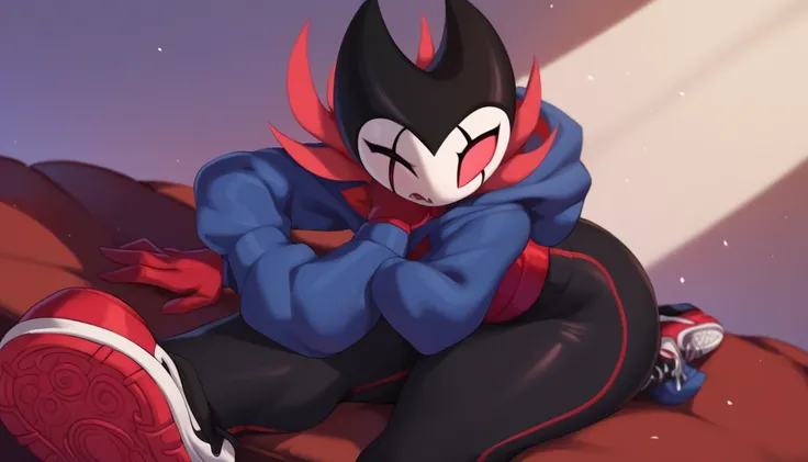 score_9, score_8_up, score_7_up, score_6_up, zPDXL2, grimm (hollow knight), vampire, bat, 1boy, solo, cute face, detailed eyes, portrait, thick thighs, anthro, thick ass, pov, tight black sports pants, cinematic angle, blue large hoodie, cool pose, red spo...