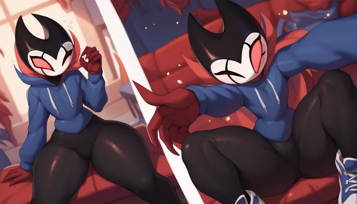 score_9, score_8_up, score_7_up, score_6_up, zPDXL2, grimm (hollow knight), vampire, bat, 1boy, solo, cute face, detailed eyes, portrait, thick thighs, anthro, thick ass, pov, tight black sports pants, cinematic angle, blue large hoodie, cool pose, red spo...