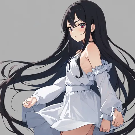 best quality, masterpiece, 1girl, erika, long hair, black eyes, flat chest, , from side, serious, arms behind back, cowboy shot, grey background 