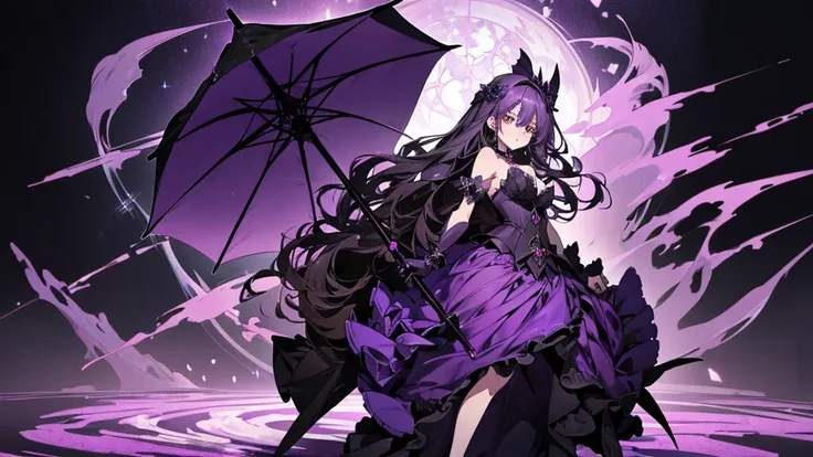 Anime girl in a purple dress holding a purple rose and a black and white umbrella, Shadowverse Style, Stylish Dark Witch, dark witch character, Gothic Maiden Anime Girl, Dark Sorceress Full View, Dark magician full body pose, Astral Witch Outfit, mechanize...