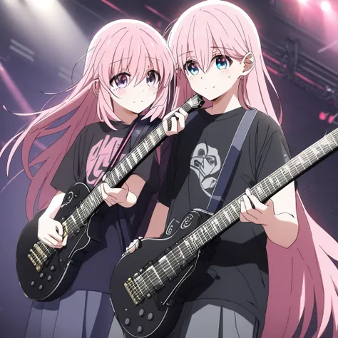 (((Holding a guitar　Pink Hair　Black Shirt)))　((Shining Tears　Pink Hair　Rainbow Eyes　Long Hair　Receiving the light　smile　On stage))　(Shining Edge　Pillar of Light)