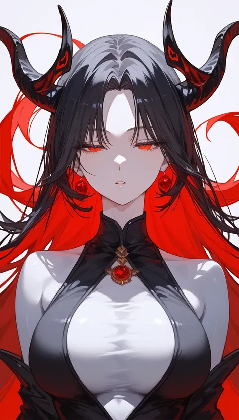 masterpiece, Score_9, Score_8_up, Score_7_up, front view, 1 woman, alone, black hair with red, long hair, parted bangs, dark red eyes, half-closed eyes, parted lips, expressionless, pale skin, large breasts, body suit, black bottom, best quality, horns up,...