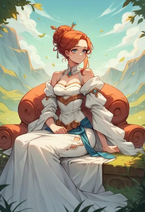 do it for me: a redhead woman,blue colored eyes, wearing a white dress,sitting on Loki&#39;s lap in a garden panel Marvel comics 