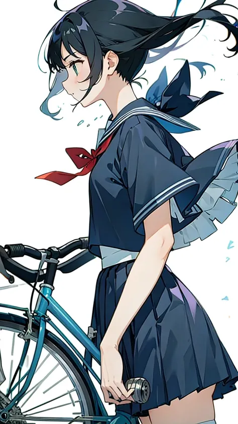 profile、Upper Body、Girl、Hair blowing in the wind、Black Hair、bicycle、Cheerleader。