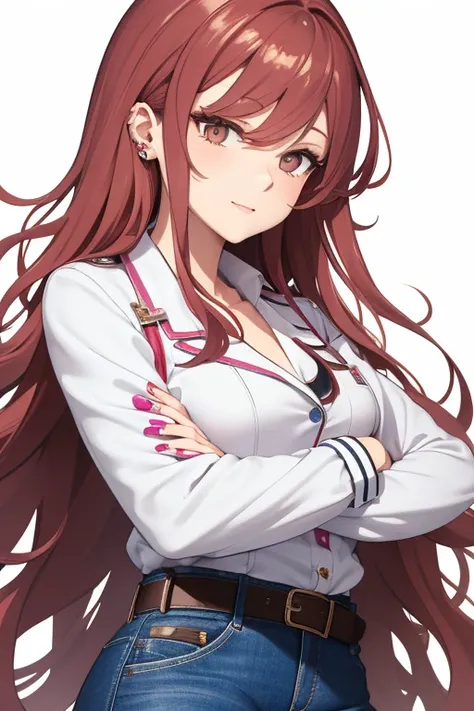 bonibel Handsome 40 year old woman with long wavy red hair with pink highlights, pierced ears, honey brown eyes, open white doctors coat, blue denim jeans, white shirt with candy print, black belt, looking directly at viewer. a white background.