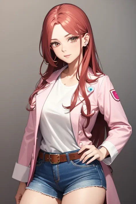 bonibel Handsome 40 year old woman with long wavy red hair with pink highlights, pierced ears, honey brown eyes, open white doctors coat, blue denim jeans, white shirt with candy print, black belt, looking directly at viewer. a white background.