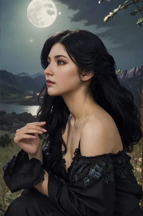 (photorealistic),photograph,best image quality, ultra-high resolution, (realism: 1.5),one witch,landscape,upper body,black costu...