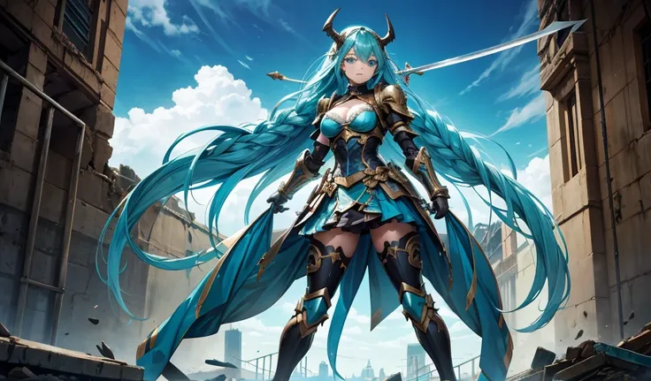 Girl with long cyan hair and double braids，iron mask，tights，Cyan armor，cleavage，Iron skirt，thigh，Great sword，Standing，ruined city