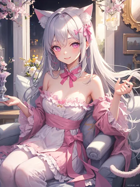 Highly detailed face,fine grain,Sparkling eyes,Highlighted eyes,Medium chest,pretty girl, smile,Longing eyes,Cat ear, Beautiful silver hair,Pink inside,Beautiful pink eyes, magic, frills,dress,ribbon