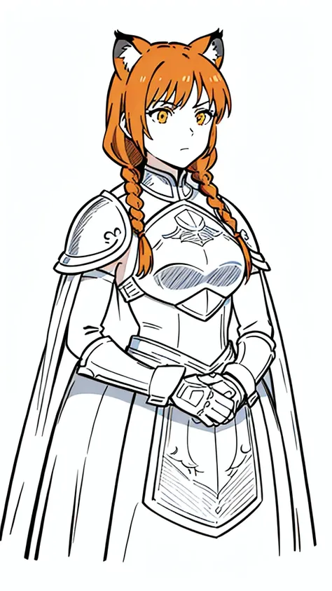 (1girl,20 years old,mature female,solo),tiger ears,long hair,(twin braids),orange hair,white knight armor,(white background,line drawing),upper body,serious,upper body,put your hands in front