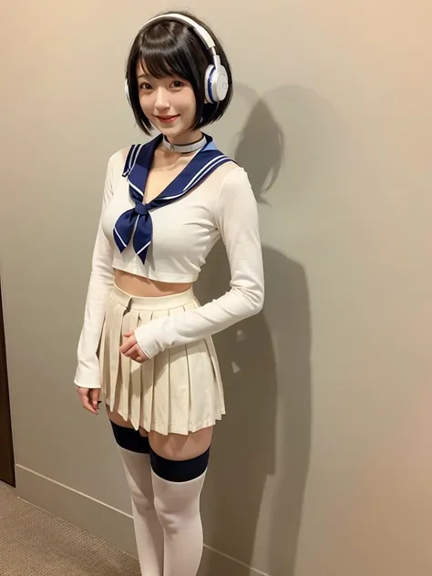 best quality, masterpiece, realistic, photorealistic, 1girl, solo, looking at viewer, smile, standing, full body, arms at side, cosplay, BLACK hair, very short hair, headphones, alternate costume, , sailor collar, shirt, long sleeves, necktie, skirt, pleat...