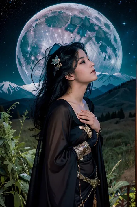 (Photorealistic),photograph,Best image quality, Ultra-high resolution, (realism: 1.5),One Witch,Landscape,Upper Body,Black Costume,Black Hair,alphonse mucha like,Moonlit Night,Starry Sky,Perfect human body,25-year-old woman,Gazing into the distance,Backgro...