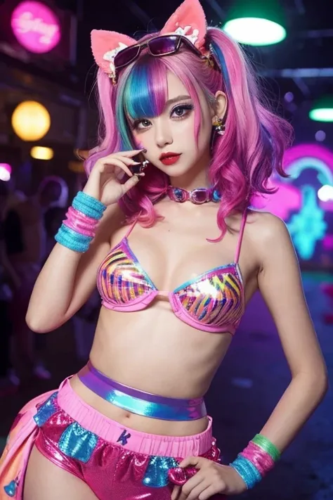 (Seductively Posing :1.3),Arafe girl taking a photo in a colorful costume, y 2 k cutecore crowncore, Cute Decora Rainbow Core, Cute high quality rendering, Candy Girl, Decora style, Unreal Engine : : Rave Makeup, Labor Girl, Rave Girl, Rave Costumes, Glitc...