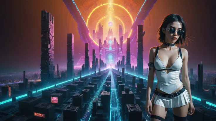 Cyberpunk female plagiarist immersed in digital theft, neon-lit alias within a vast online labyrinth, grotesque grunge brushing into surrealism, illuminated by kaleidoscopic volumetric light, a detailed masterpiece reminiscent of Moebius distinctive style,...