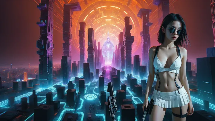 Cyberpunk female plagiarist immersed in digital theft, neon-lit alias within a vast online labyrinth, grotesque grunge brushing into surrealism, illuminated by kaleidoscopic volumetric light, a detailed masterpiece reminiscent of Moebius distinctive style,...