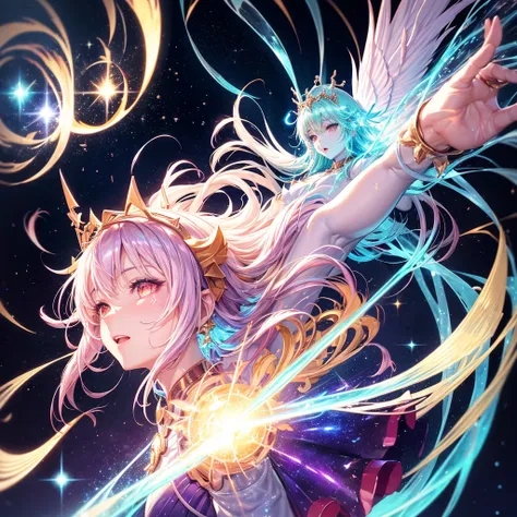 anime girl, score_9, score_8_up, score_7_up, (source_pony:1.0), beautiful translucent goddess of the afterlife, (sparkling translucent skin:1.3), cosmic hair, cosmic crown, cosmic skin, dynamic pose, feral pony, ethereal background, (dynamic lighting:1.1),...