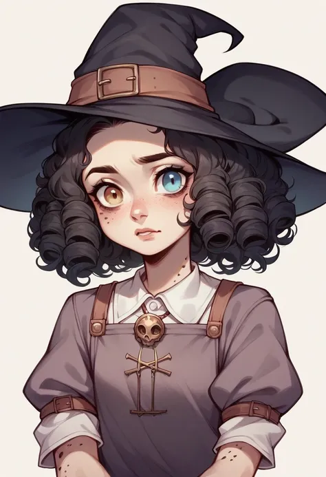 Woman, Youngh, witch, com chapeu de witch, heterochromia in the eyes, curly hair, spots on her delicate face and mature body