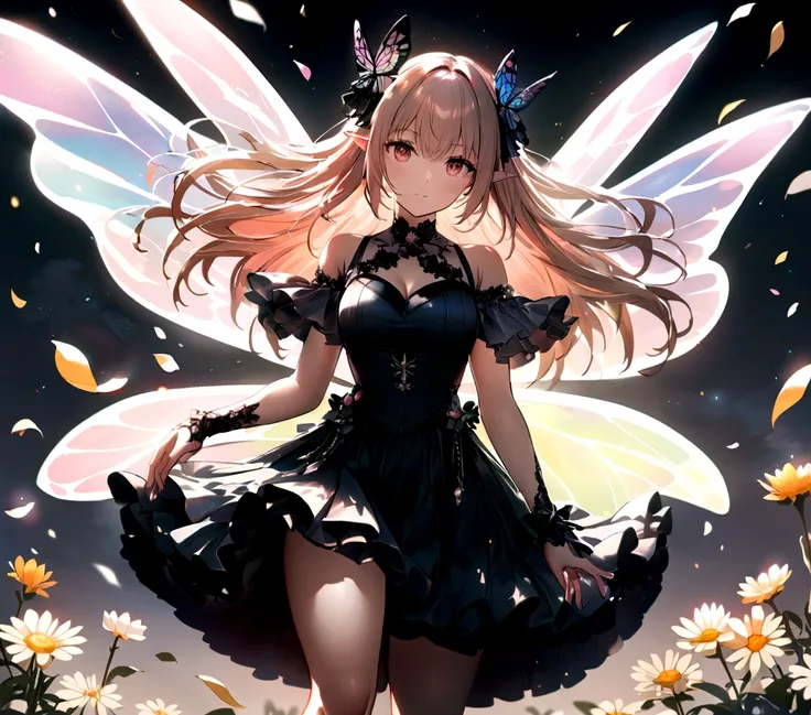 one-girl，Thighs above the knee，Elves in flowers，A pair of transparent butterfly wings，Colorful wings，（A skirt composed of petals：1.5），The petals float into the sky，（Petals of various flowers），best qualtiy，tmasterpiece，フォトリアリスティック，Photorealistic image quali...