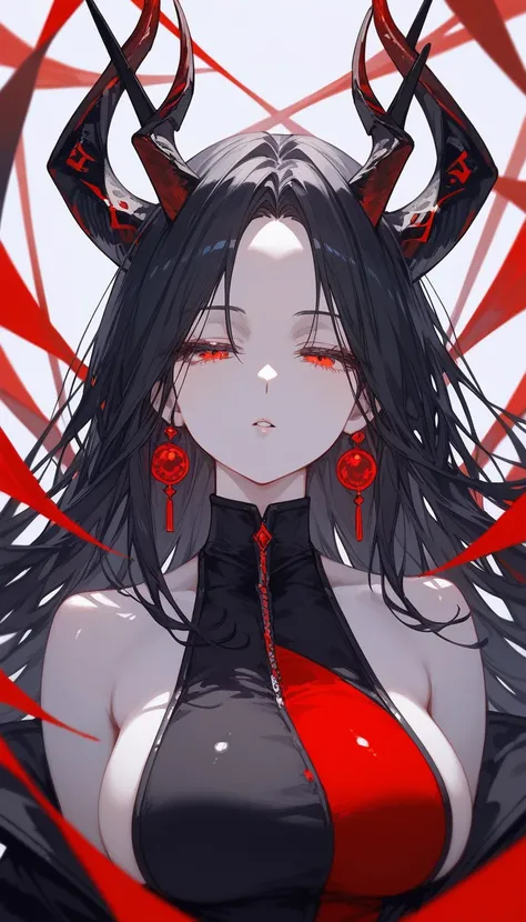 masterpiece, Score_9, Score_8_up, Score_7_up, front view, 1 woman, alone, black hair with red, long hair, parted bangs, dark red eyes, half-closed eyes, parted lips, expressionless, pale skin, large breasts, body suit, black bottom, best quality, horns up,...