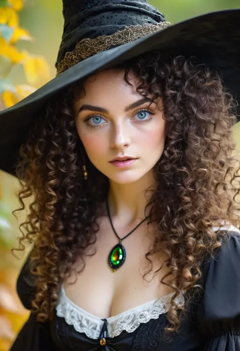 Woman, Youngh, witch, com chapeu de witch, heterochromia in the eyes, curly hair, spots on her delicate face and mature body