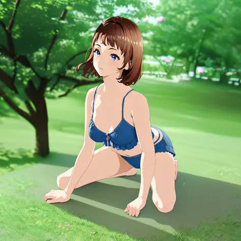 Anime girl in blue underwear squatting on the grass in the park, Smooth anime CG art, Photorealistic perfect body, Characters are in natural poses, Realistic Anime 3D Style, Beautiful anime girl crouching, Sitting pose, Realistic Bikini, Perfect body with ...