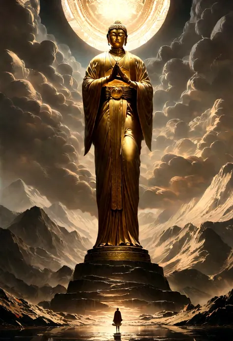 A huge golden Buddha statue stands on top of a mountain，Pilgrims&#39; Path，A light smile,Chinese style，In the distance, Surrealism, Stereogram, tachi-e, Atmospheric perspective, Hyper Photorealism, Cinema Lighting, Divine Light, Super detailed, Accurate, H...