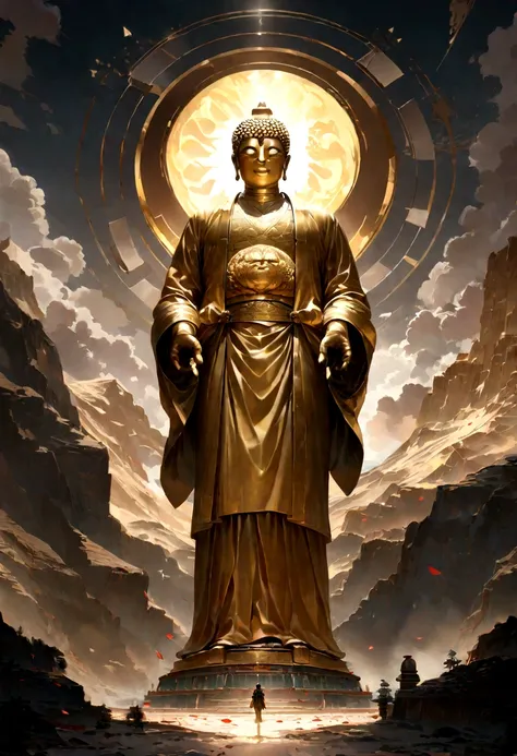 A huge golden Buddha statue stands on top of a mountain，Pilgrims&#39; Path，A light smile,Chinese style，In the distance, Surrealism, Stereogram, tachi-e, Atmospheric perspective, Hyper Photorealism, Cinema Lighting, Divine Light, Super detailed, Accurate, H...