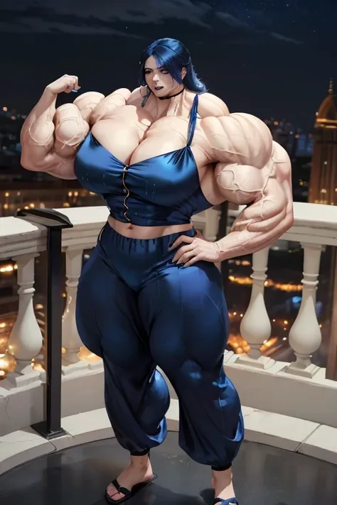 (((((Massive tall, beautiful, buff, pale white skinned muscular woman with royal blue hair, black lipstick, ginormous bulky muscles, standing beautifully and wearing a silk royal blue pajama blouse with royal blue silk pajamas pants))))), close view, massi...