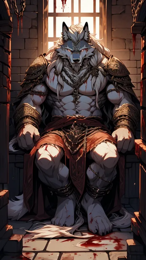 (masterpiece),(highres),(intricate details:1.4),extremely detailed,(illustration:1.2),8k,photorealistic,full body,exquisite,solo,elder male wolf,muscular,general,(damaged body:1.4),(white hair:1.3),long hair,braided hair,beard,scar,naked,captured,imprisone...